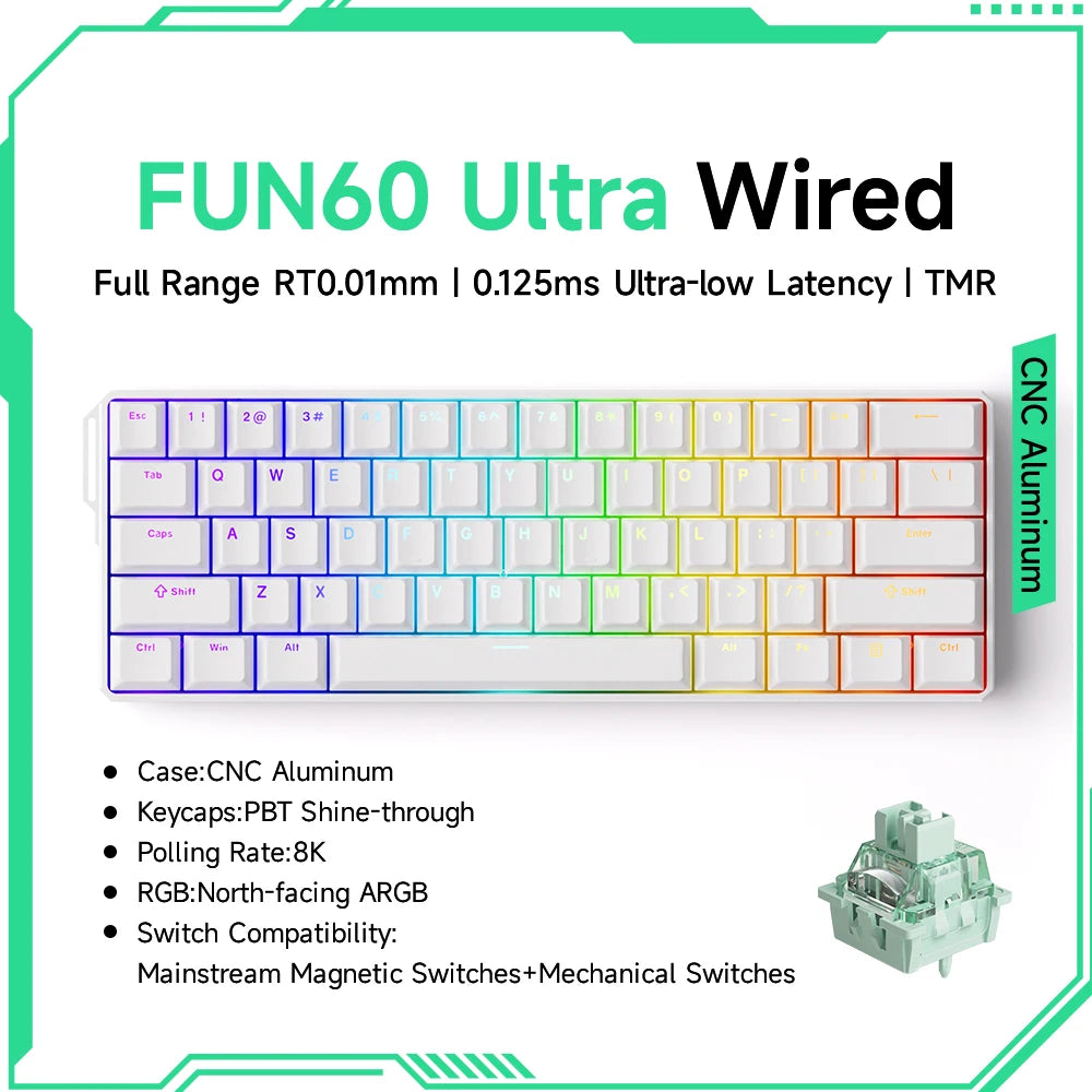 Monsgeek FUN60 Mechanical Keyboard Magnetic Switch 60% Gaming Keyboards Rapid Trigger 0.01Mm 8K ARGB HE/TMR Custom Keyboard
