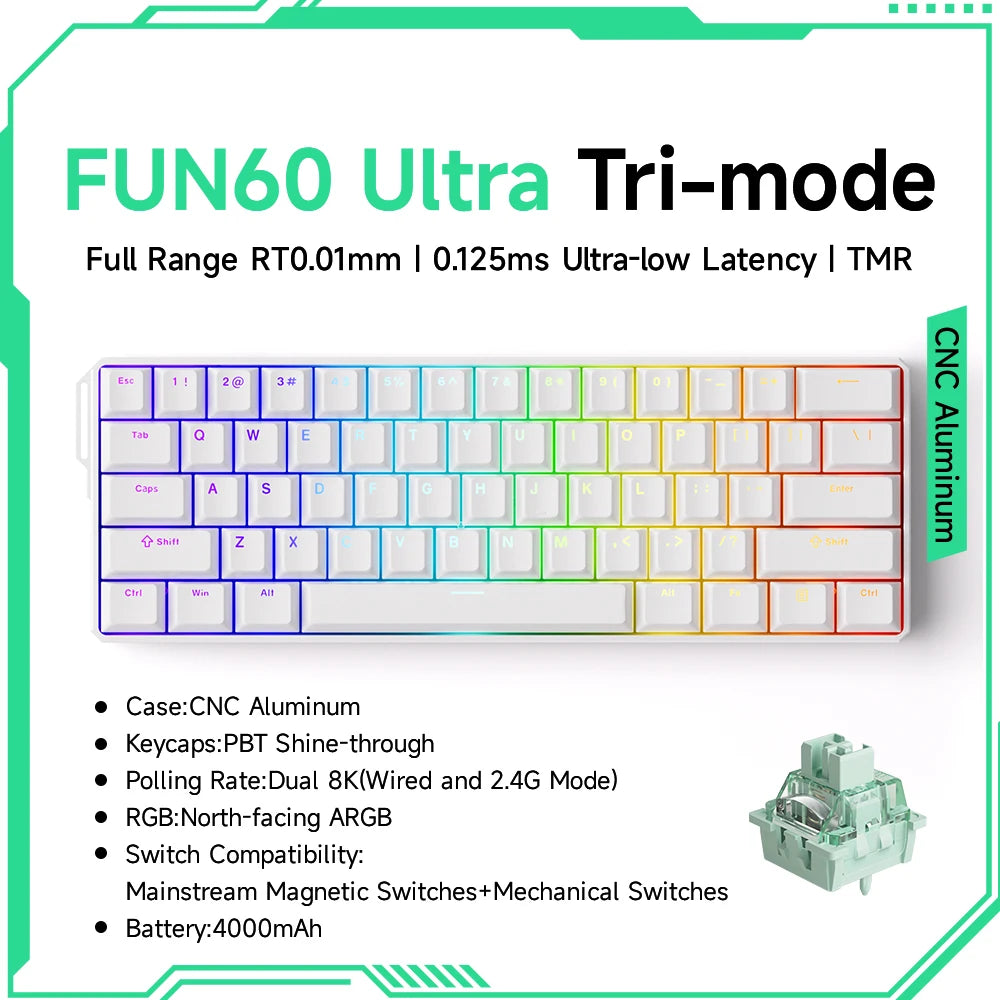 Monsgeek FUN60 Mechanical Keyboard Magnetic Switch 60% Gaming Keyboards Rapid Trigger 0.01Mm 8K ARGB HE/TMR Custom Keyboard