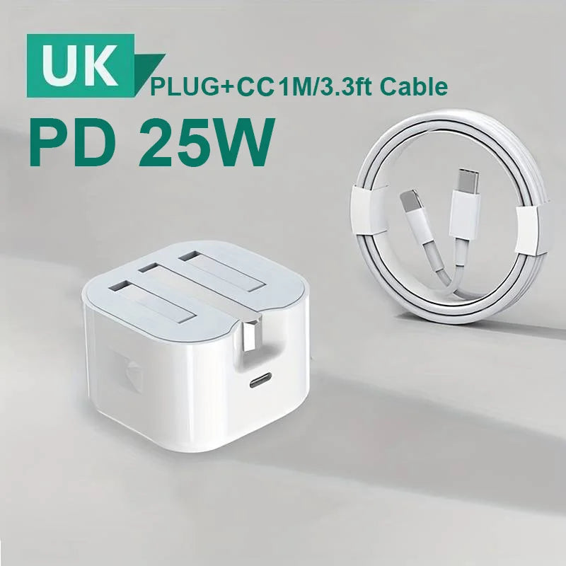 UK USB-C Charger – 25W PD & QC 3.0 Fast Charger for iPhone 15/14/13 Pro, Type-C Travel Wall Adapter