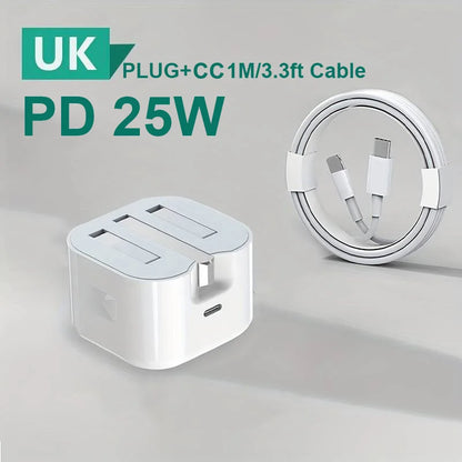 UK USB-C Charger – 25W PD & QC 3.0 Fast Charger for iPhone 15/14/13 Pro, Type-C Travel Wall Adapter